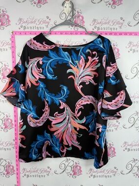 mark. Blouse sleeves ruffle Black Blouse with Pink & Blue Swirl Floral Print